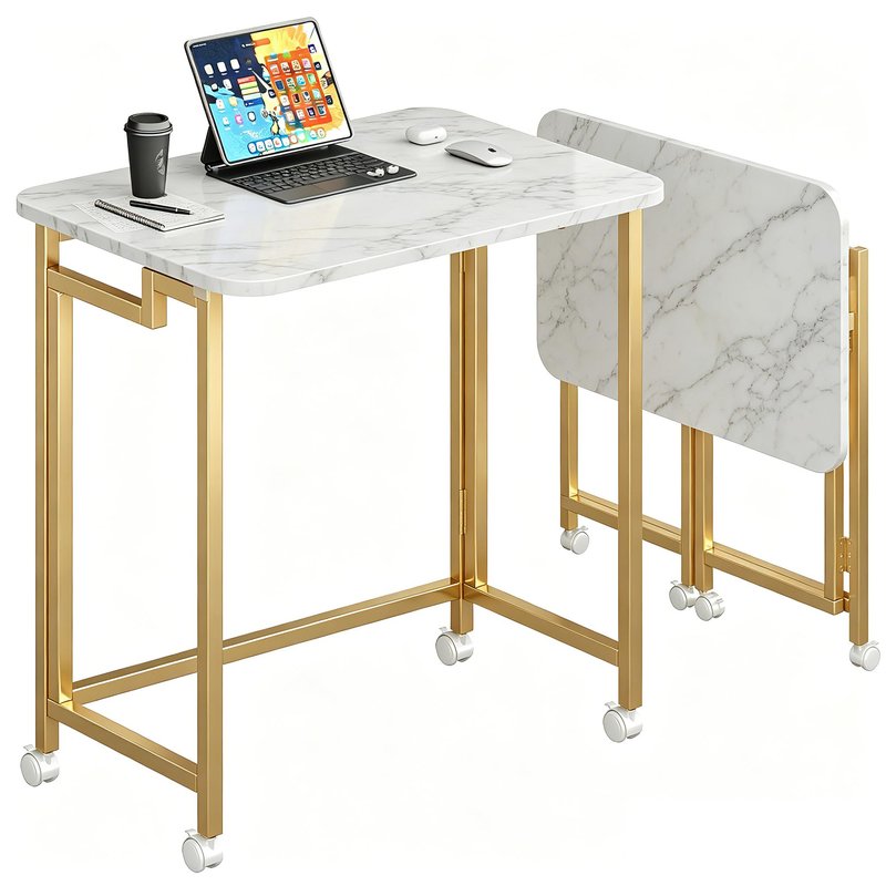 JSB Small Folding Computer Desk with Storage Bag and Hook Writing Modern Industrial Work Table Laptop for Home Office White (White&Gold, 23.6")