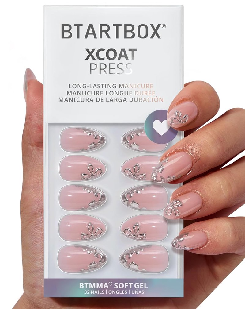 **Press On Nails - Frost Glam Almond Shape with 3D Silver Flowers | 32 Soft Gel Kit in 16 Sizes**
