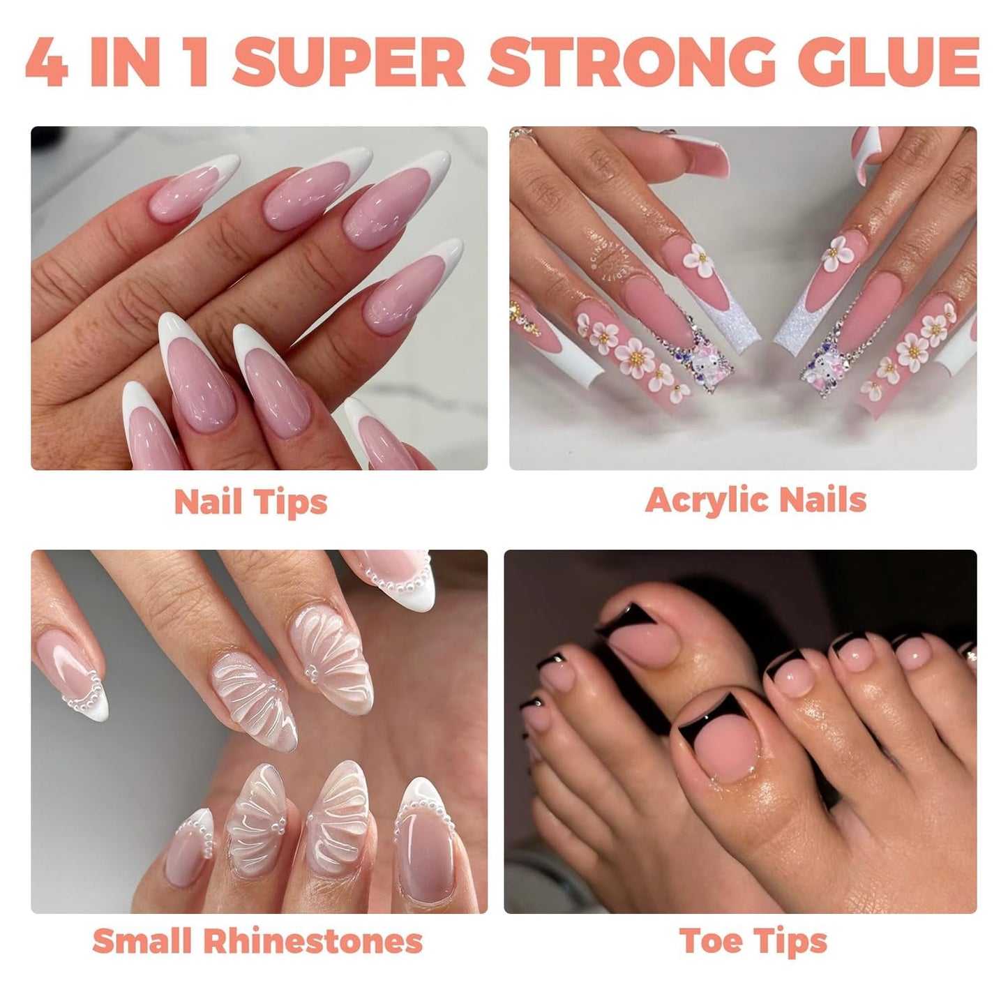 Soft Gel Nail Tips Glue, 4 in 1 40ml Super Strong Nail Glue for Press ons, 28 Days Long Last Solid Glue Gel Soak Off for Acrylic Fake Nails Extension Lamp Curing Needed