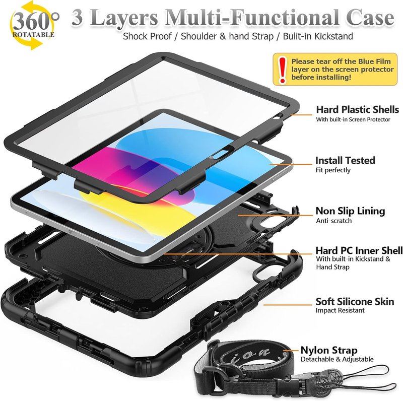 iPad 11th/10th Generation Case - Full-Body Drop Protection with Screen Protector & 360° Rotate Hand Strap | Black