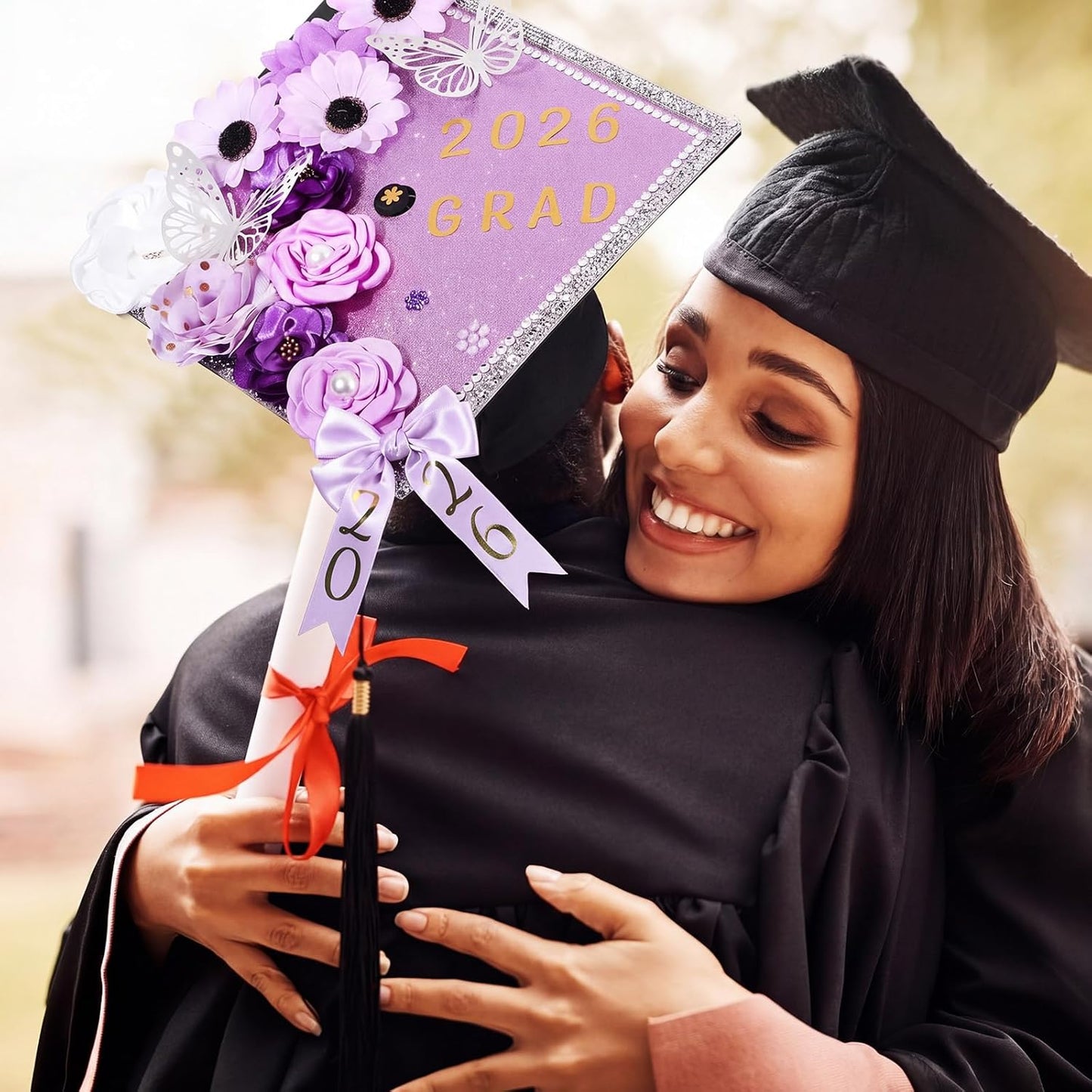 Wavwavw Graduation Cap Decoration Kit - 62 Pcs with Faux Flowers, 3D Butterflies & Rhinestones | Purple