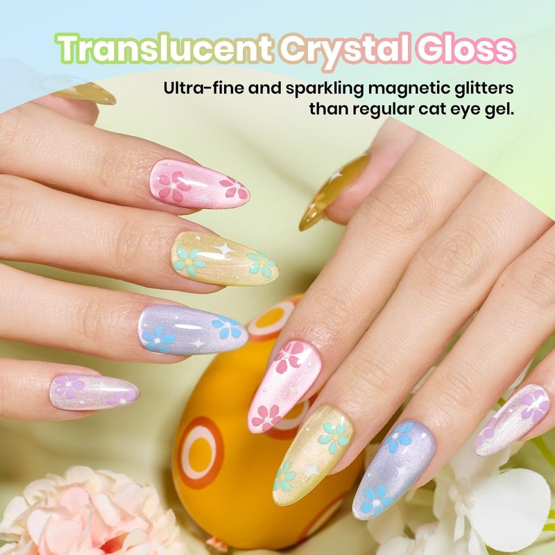 Beetles Cat Eye Gel Nail Polish Set - Sugar Meadow 6 Colors Summer Cat Eye Pastel Gel Polish Kit Glitter Pink Purple Green Blue Orange Peach Yellow Magnetic Soak Off UV Manicure Gift for Women