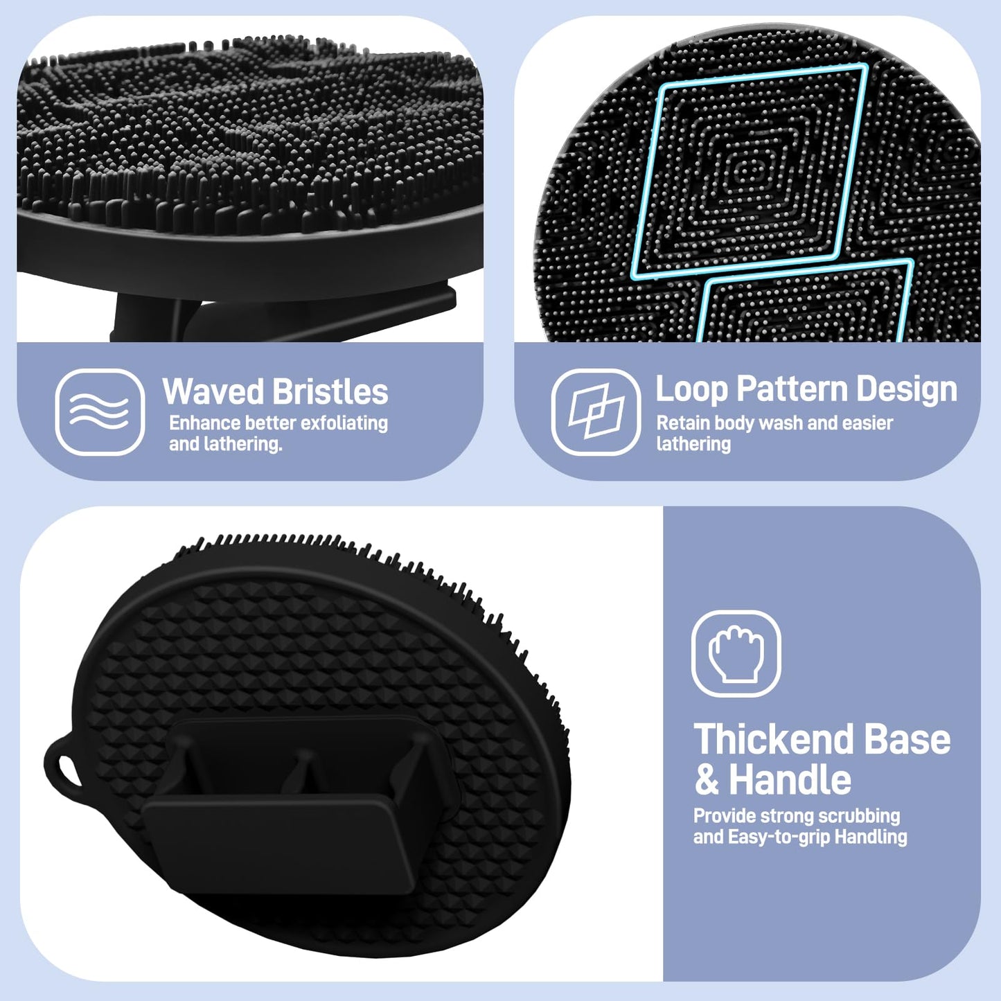 GEENOA Back Scrubber for Shower, 15.35’’ Soft Silicone Back Scrubber with Dual-Side Brush Head, Long Handle Back Brush Shower Brush with Lathering Soft Bristles and Scrubbing Thick Bristles(Black)