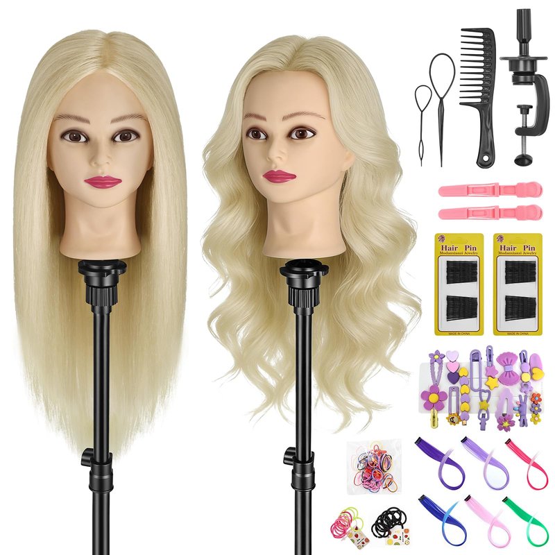 Mannequin Head with 90% Human Hair, 24" Hair Doll Head for Cosmetology & Hairdresser,Real Hair Manikin Doll Styling Head,Hairdressing Training Braiding Head with Table Clamp+Styling Set
