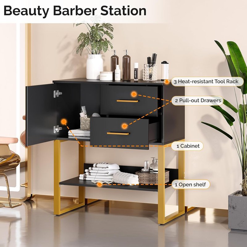 Beauty Barber Station - Salon Storage Cabinet with Drawers & Hair Dryer Holders | Black Styling Station for Hair Stylists