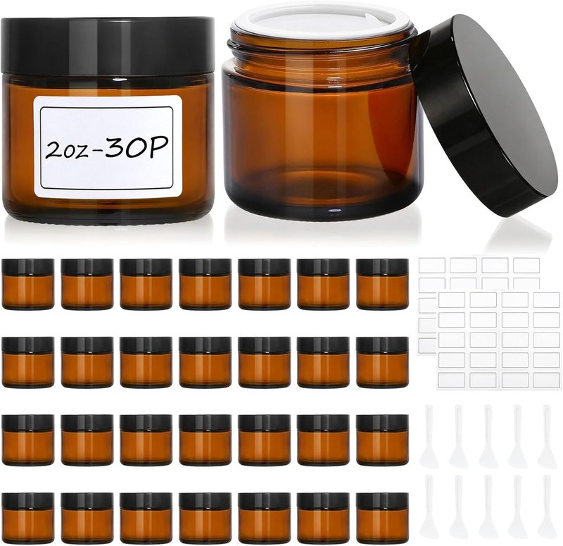 Amber Glass Jars - 30 Pcs 2 oz Leak-Proof Containers with Lids, Labels & Spatulas | Ideal for Essential Oils, Spices & Candle Making