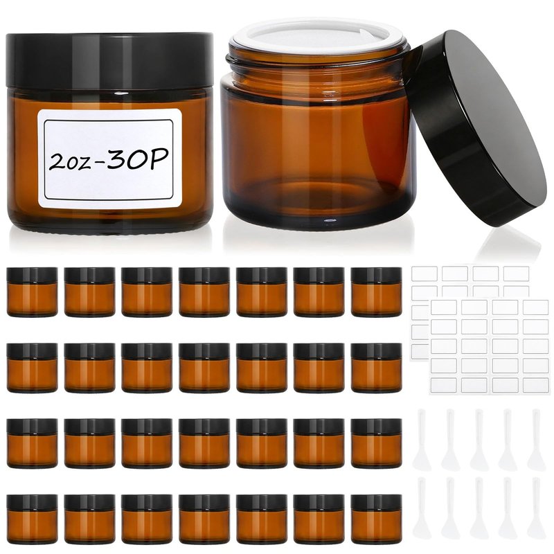 30 Pcs 2 oz Glass Jars with Lids, Amber Glass Jars with 40 Labels & 10 Spatulas, Inner Liners, LeakProof, UV-Protective,Round Glass Containers for Essential Oils, Spices, Candle Making,DIY