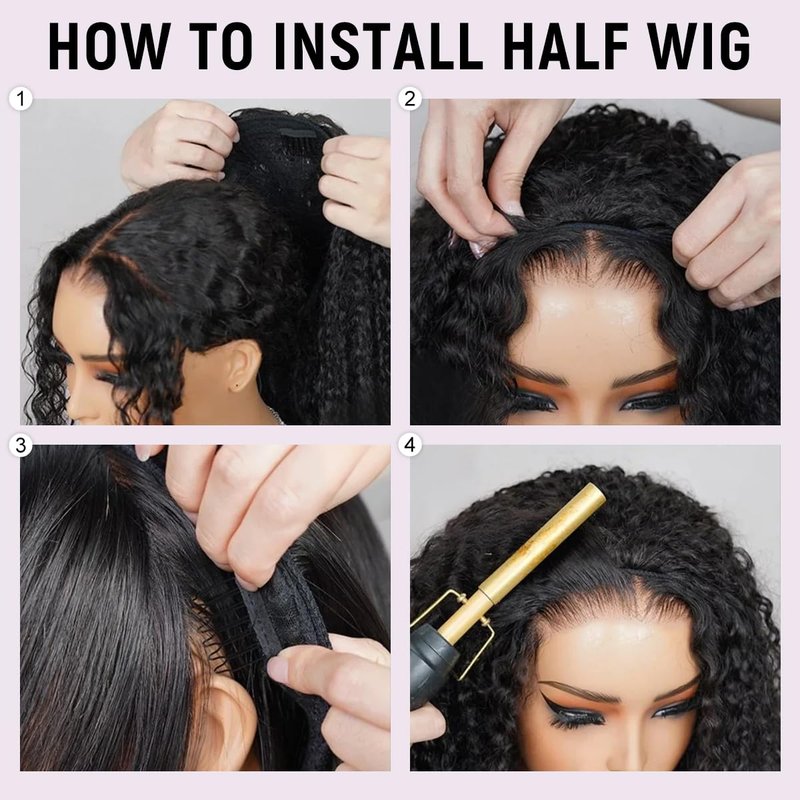 mscoco Half Wig Human Hair Burmese Curly 3 In 1 Drawstring Seamless Flip Over Half Wig Wear and Go Glueless Wigs Human Hair for Black Women Beginner Friendly 16inch