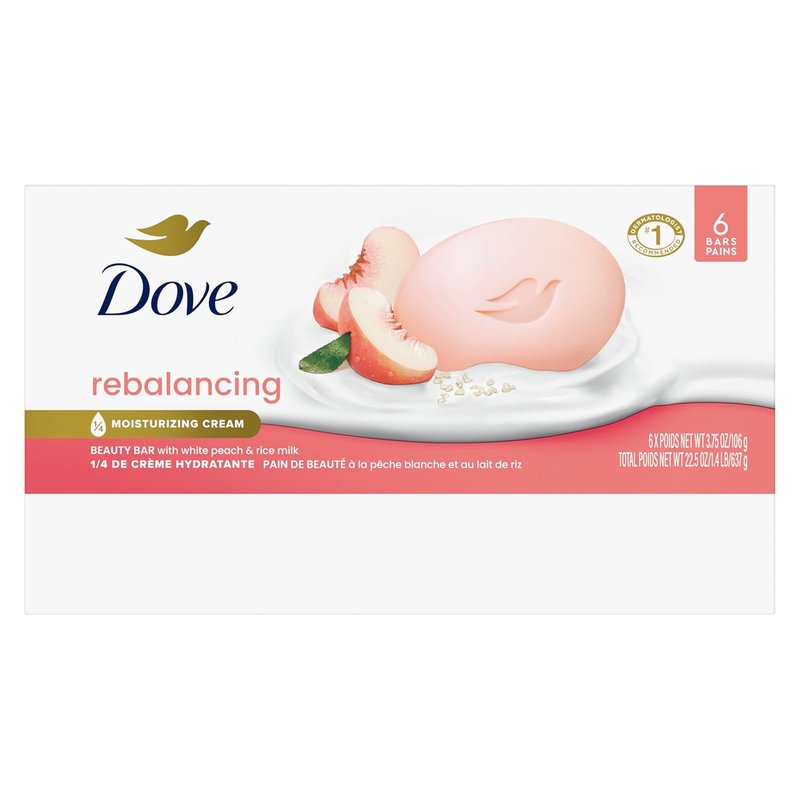 Dove Beauty Bar Soap - Rebalancing White Peach & Rice Milk | 6 Count, 3.75 oz Moisturizing Formula for Nourished Skin