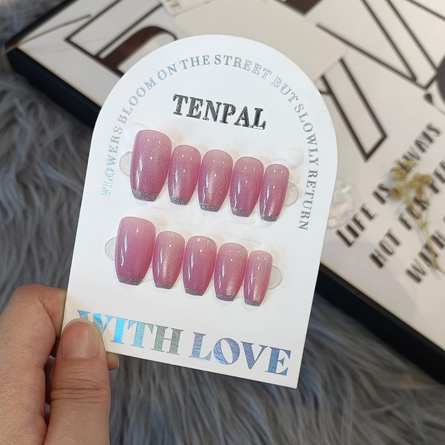 TENPAL Ballet Press on Nails Medium,Pink Cat Eye Glow & Negative Space French Tips False Glue on Nails,Prism Dust Glitter Fake Nails Kit,Y2K Minimalist Nail Art with Tools,Reusable 24pcs Glossy Nails