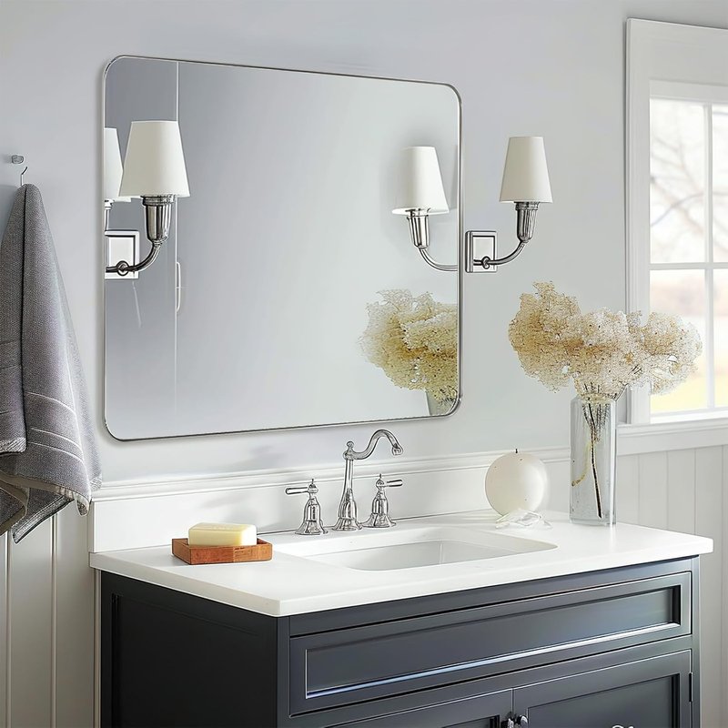 ANDY STAR Brushed Nickel Bathroom Mirror - 30”x40” Rounded Rectangle Design | Premium Stainless Steel Frame, Versatile Hanging Options
