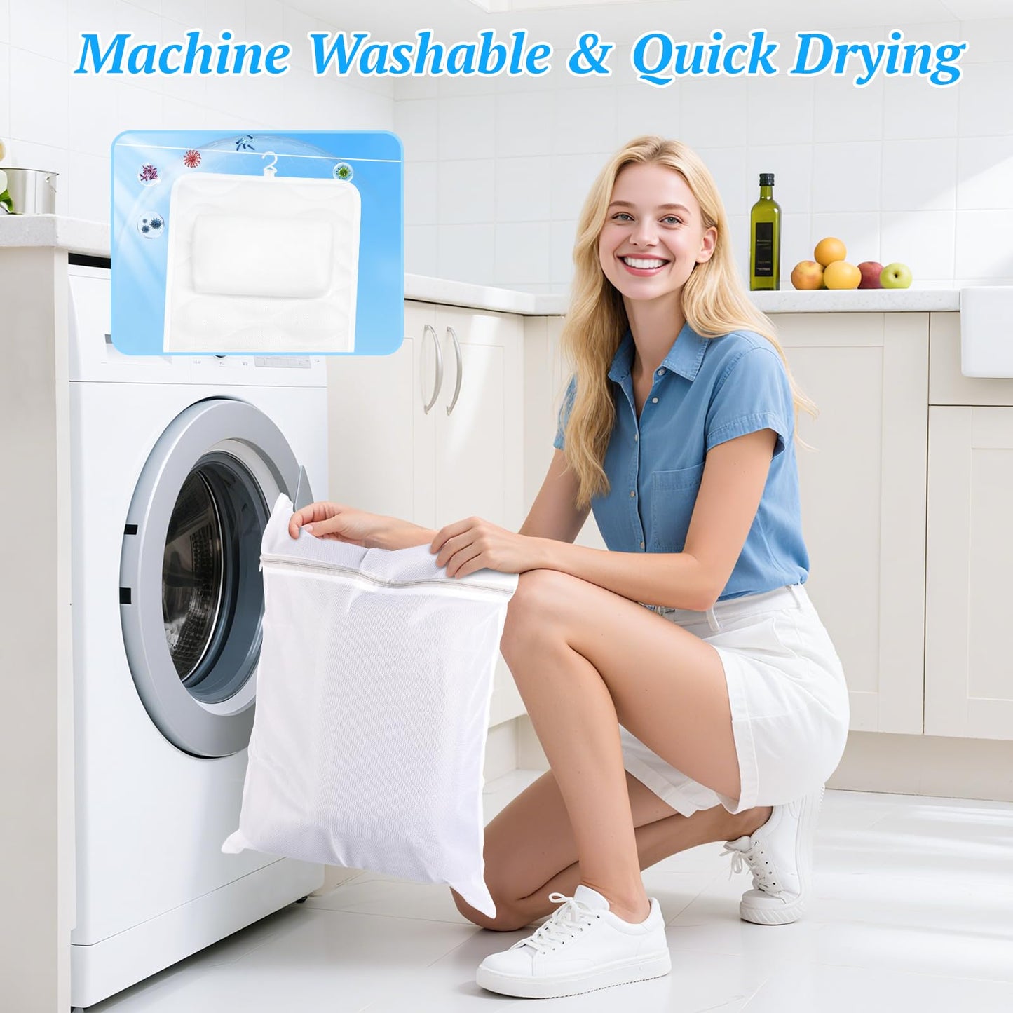 TranquilRelax Bath Pillow for Tub with Laundry Bag & 17 Non-Slip Suction Cups, Extra Thick and Soft Bathtub Pillow for Head, Neck & Shoulder Support, 56" x 16" White