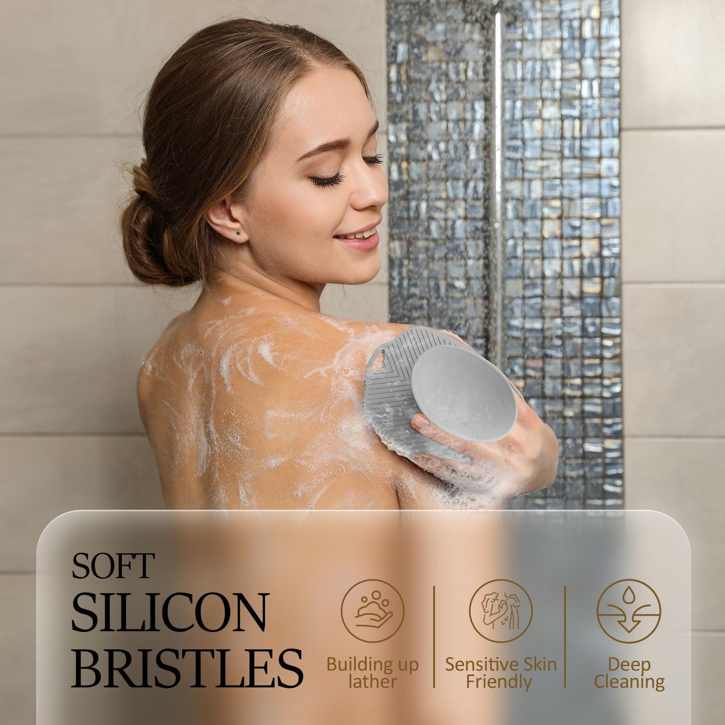 ARIOSOX Silicone Back Scrubber for Shower, Detachable Long Handle Body Scrub Brush, Shower Brush for Shower Exfoliating and Message, Dual Purpose Overall Cleaning - Grey