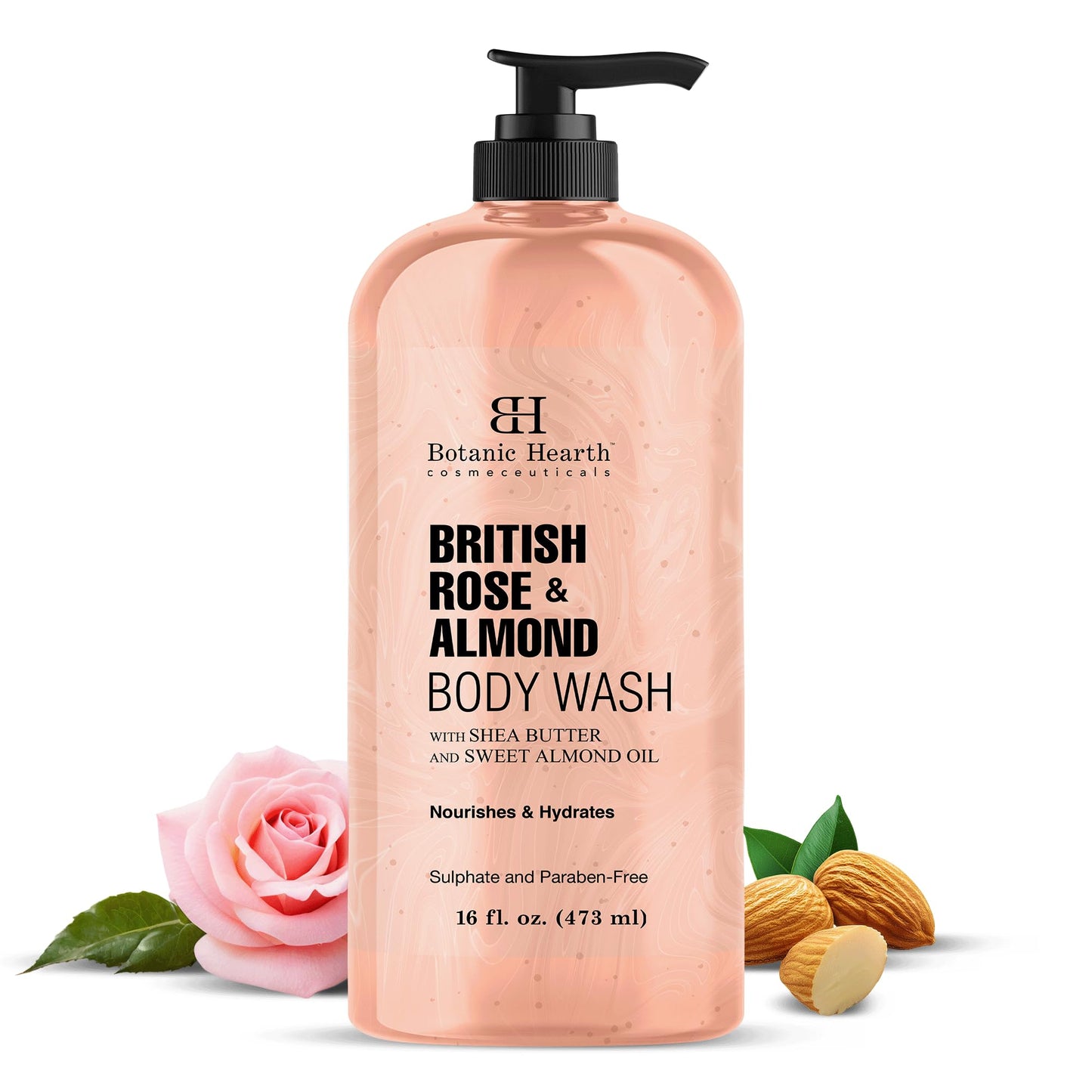 Botanic Hearth British Rose & Almond Body Wash – Moisturizing Shower Gel with Shea Butter, Gentle Hydrating Cleanser, Sulfate & Paraben Free – 16 fl oz