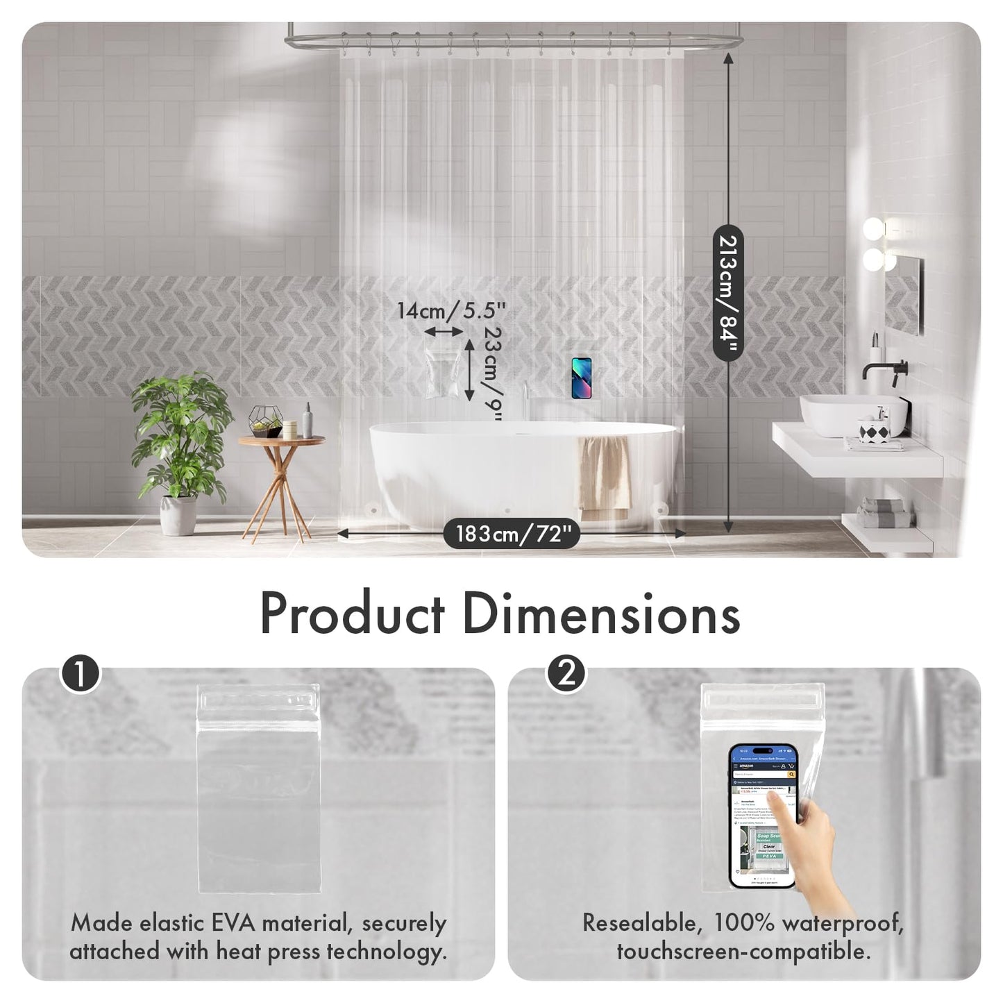 AmazerBath Extra Long Shower Curtain Liner with 2 Weights Pockets, 72x84 Inch Innovative No Blowing Waterproof Clear Plastic Shower Liner with 2 DIY Weighted EVA Pockets & 3 Magnets for Bathroom Stall