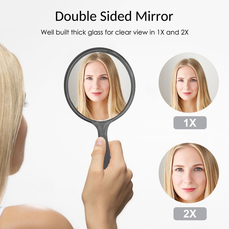 D Double Sided Mirror - Handheld Mirror with Handle - Makeup Mirror 1X/ 2X Magnifying Mirror Rounded Shape Hand Mirror - Black