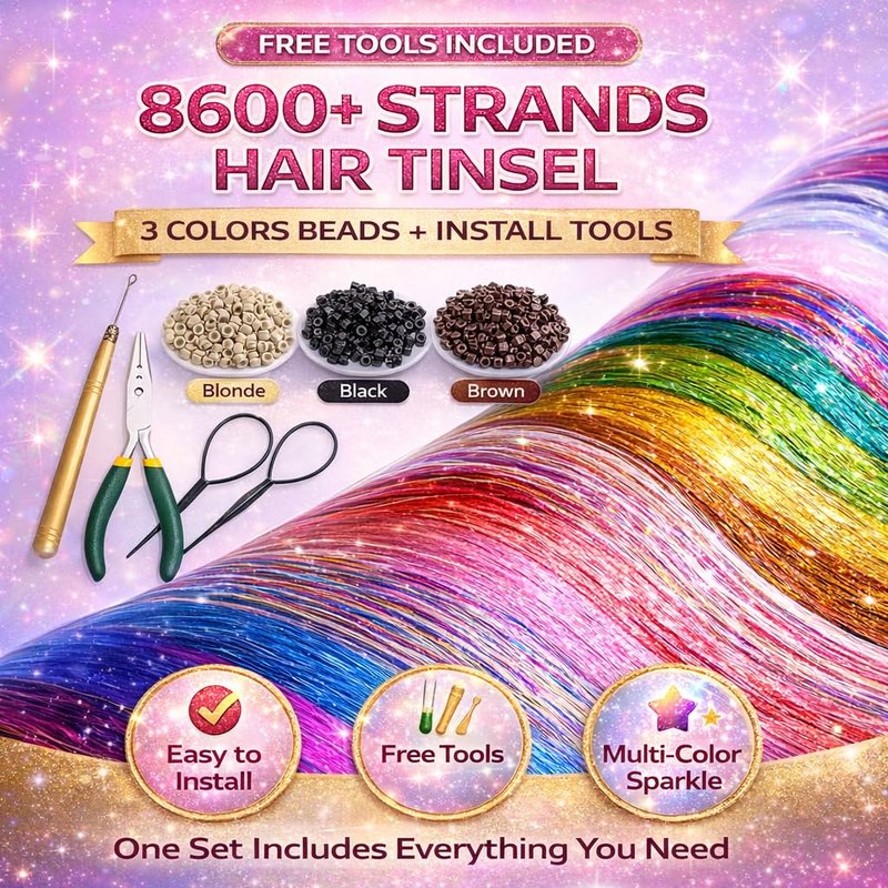 Hair Tinsel Kit, Fairy Tinsel Hair Extensions With Tool 6000 Strands 18 Colors Holographic Heat Resistant Sparkling Hair Glitter for Christmas New Year Party (48 Inch)