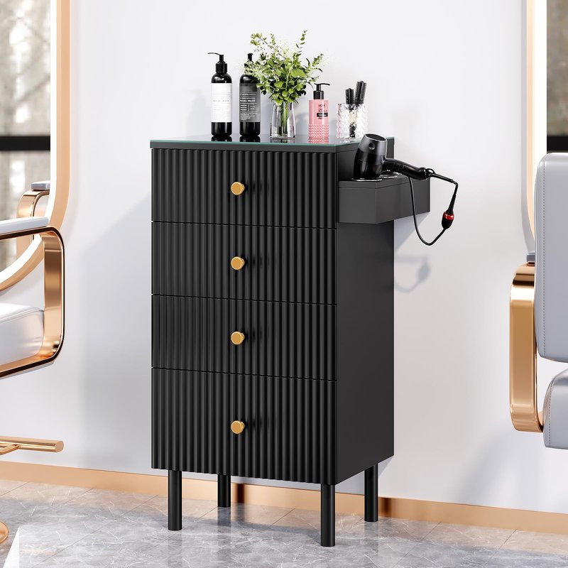 OmySalon Salon Station, Barber Station for Stylist, Hair Storage Cabinet with Glass Top & 4 Drawers & 3 Heat Resistant Tool Holders, For Beauty Spa, Salon, Black