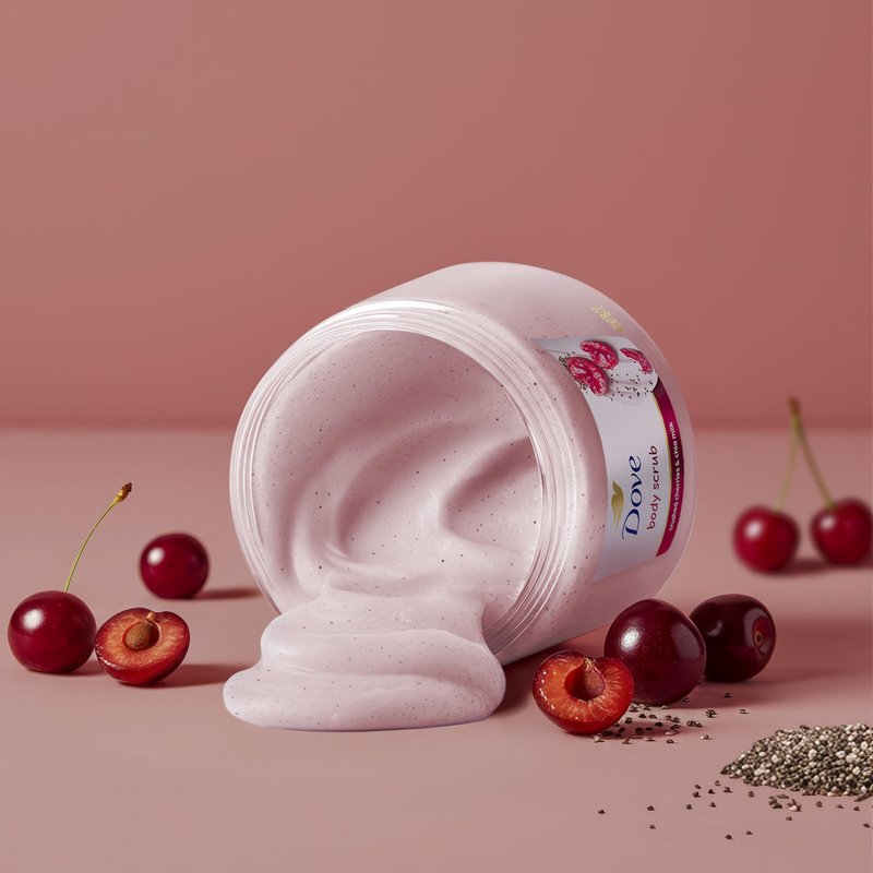 Dove Cherry & Chia Milk Body Scrub Exfoliates and Deeply Nourishes for Smooth, Radiant Skin 15 oz
