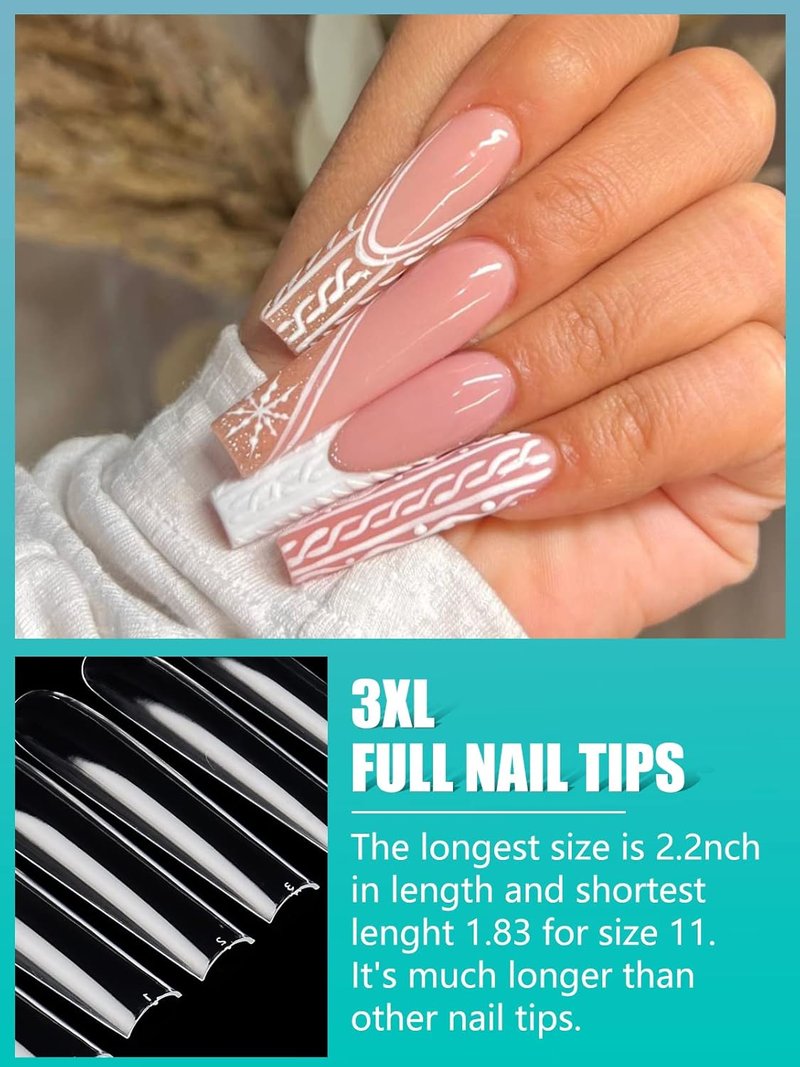 3XL Clear Nail Tips - 504PCS Extra Long Tapered Square Full Cover | 12 Sizes for Acrylic Nails & DIY