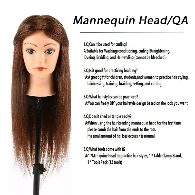 Skiennix Mannequin Head - 100% Human Hair Cosmetology Training Doll | 18'' Dark Brown with Blue Eyes