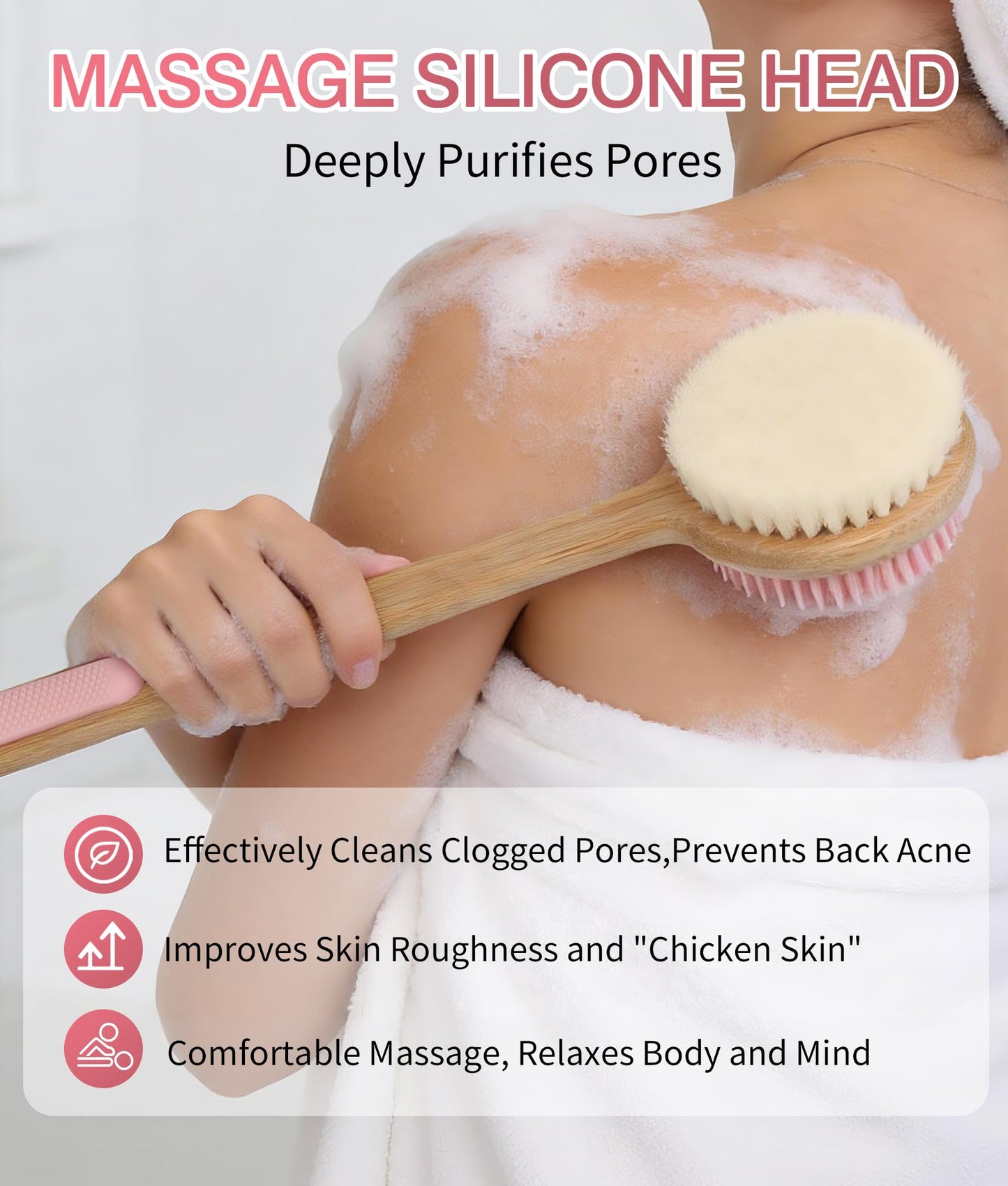 EaTubano Back Scrubber for Shower - Double-Sided Silicone and Super-Dense Bristles for Deep Cleaning & Exfoliation, Bamboo Long Handle with Wider Anti-Slip Grip, Rich Foam, Durable (Pink)