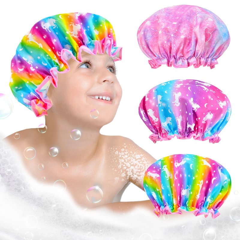 Olypegic Kids Shower Cap, 3 Pcs Girls Shower Cap for Kids Reusable Waterproof Adjustable Large Hair Cap Unicorn Mermaid Rainbow Cute Hair Cover Hat