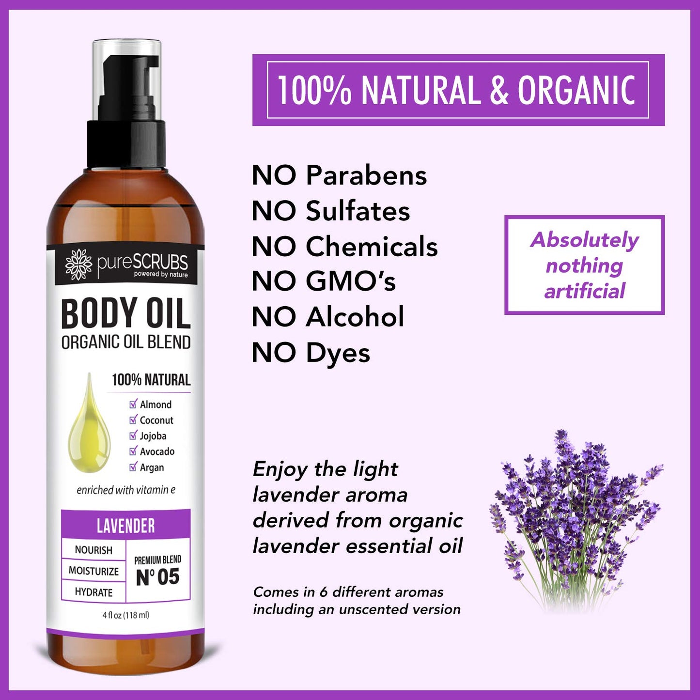 pureSCRUBS Ultra Moisturizing Lavender Body Oil for Dry Skin, Lightweight Full Body Moisturizer for Soft, Silky Skin, Massage & Cuticle Oil, Vitamin E Enriched, 4 oz