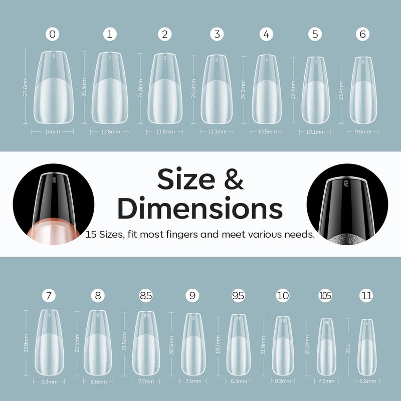 Modelones Medium Coffin Fake Nail Tips - 510Pcs Gel Tips Pre-shaped Half Matte Full Cover Clear Acrylic Gel Kit False Press on Nails for Extension DIY Salon 15Sizes