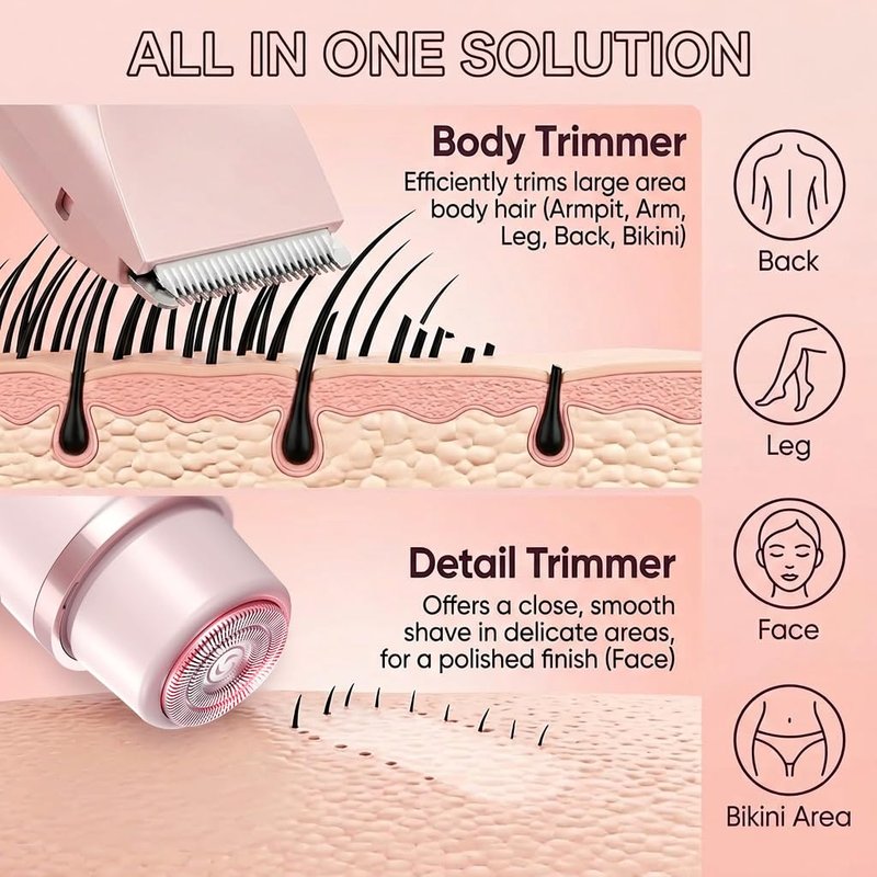 Bikini Trimmer for Women-2 in 1 Dual Head Bikini Shaver & Body Shaver,IPX7 Cordless & Waterproof Electric Shaver Wet & Dry Use,Painless Hair Removal,Ceramic Blade, Ultra Low Silent(Pink)