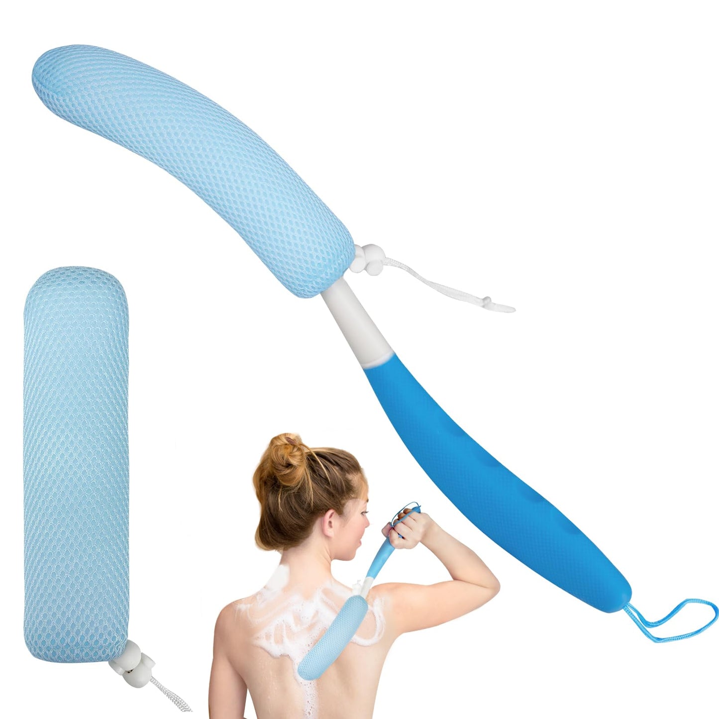 Back Scrubber for Shower, 15.35" Long Handle Shower Brush for Body, Back Brush for Shower for Men Women, Long Handled Bath Sponge for Deep Clean, Exfoliating, Anti-Slip Curve Handled Back Scrubber