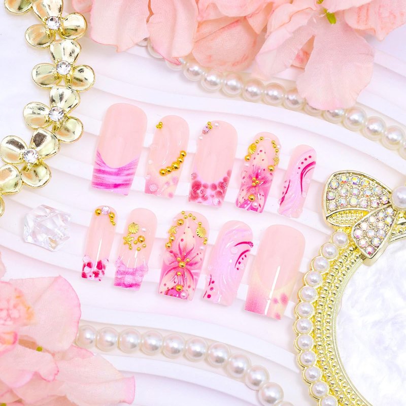 24Pcs Summer Starfish Press on Nails Long Square Fake Nails 3D Pink Floral with Gold Rhinestones Cute Design Ocean Beach Glue on Nails Acrylic French Tip False Nails Stick on Nail for Women Manicure