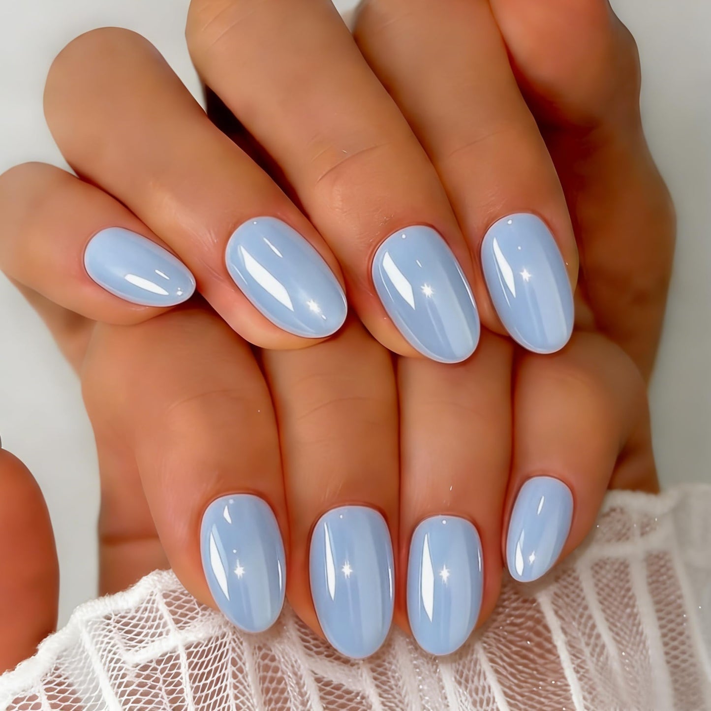 SXVME Chrome Baby Blue Press on Nails Short Oval, 32 Pcs Thick Glazed Cute Fake Nails with Sparkle Mirror Design, Shiny Glitter Glue on Nails Almond, Gel Nail Press ons with Glue for Fingernail