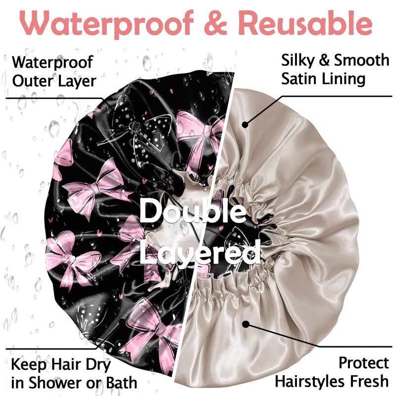Cabreche Luxury Shower Cap Satin Silk Lined Adjustable Elastic Reusable Waterproof Shower Bath Cap Cute for Women Girls-Black Pink Bowknot