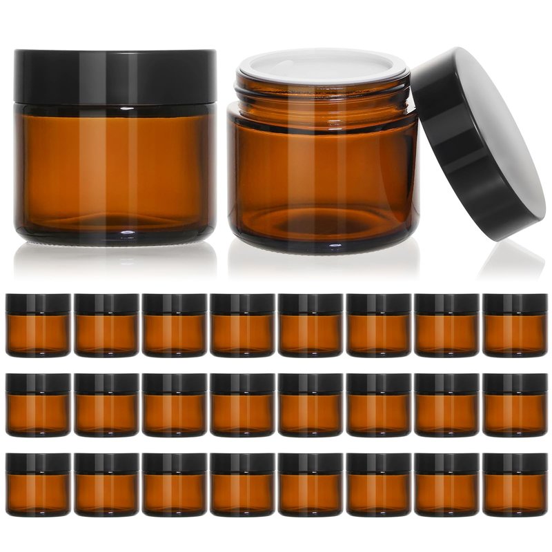 KEYWING 2 oz Amber Glass Jars with Black Lids, 24 Pack Small Cosmetic Jars, Round Empty Sample Container with Inner Liners for Lotions, Cream, Powders and Ointments