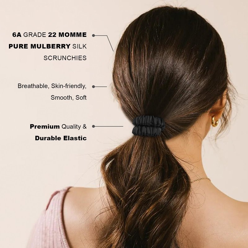Mulberry Silk Scrunchies 4 Pack - Non Slip, Black Small Thin Silk Scrunchies for Women, Sleepy Ties for Thick Hair