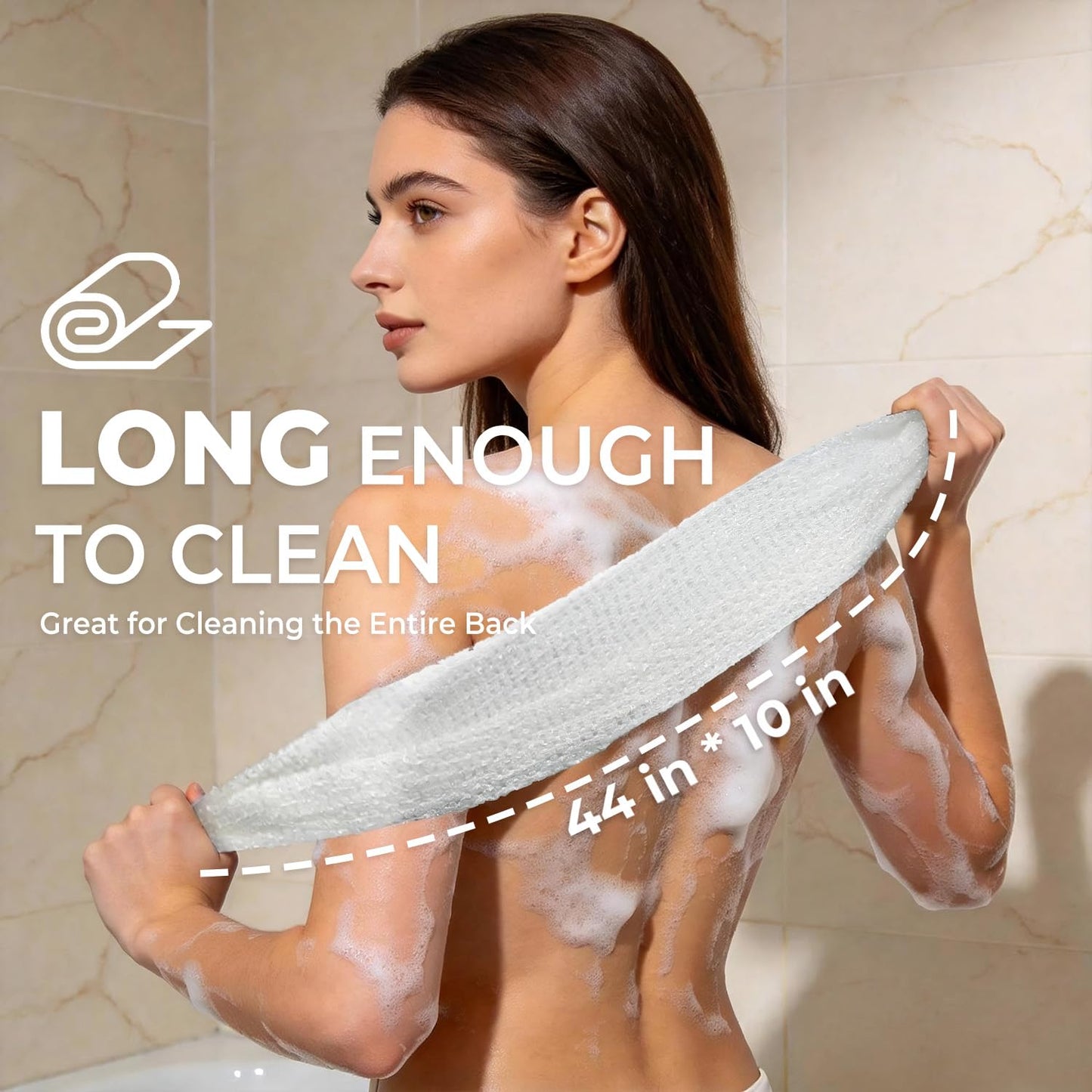 LEICHTEN White Soft Exfoliating Washcloth Body Scrubber, Quick Drying Japanese & Korean Exfoliating Cloth, Extra Long Back Exfoliator for Shower, Ideal for Men Women Daily Gentle Skin Cleansing