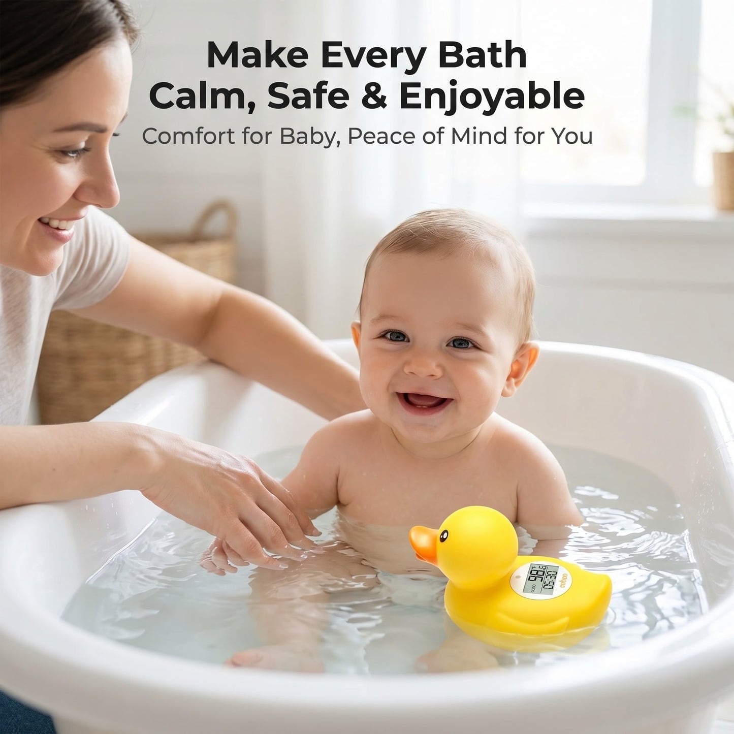 Baby Bath Thermometer with Smart Temperature Alert, Accurate Digital Water Thermometer, Adjustable High Temp Alert for Newborns, Floating Duck Toy with Timer, LED & Sound Alarm, BPA-Free, Waterproof