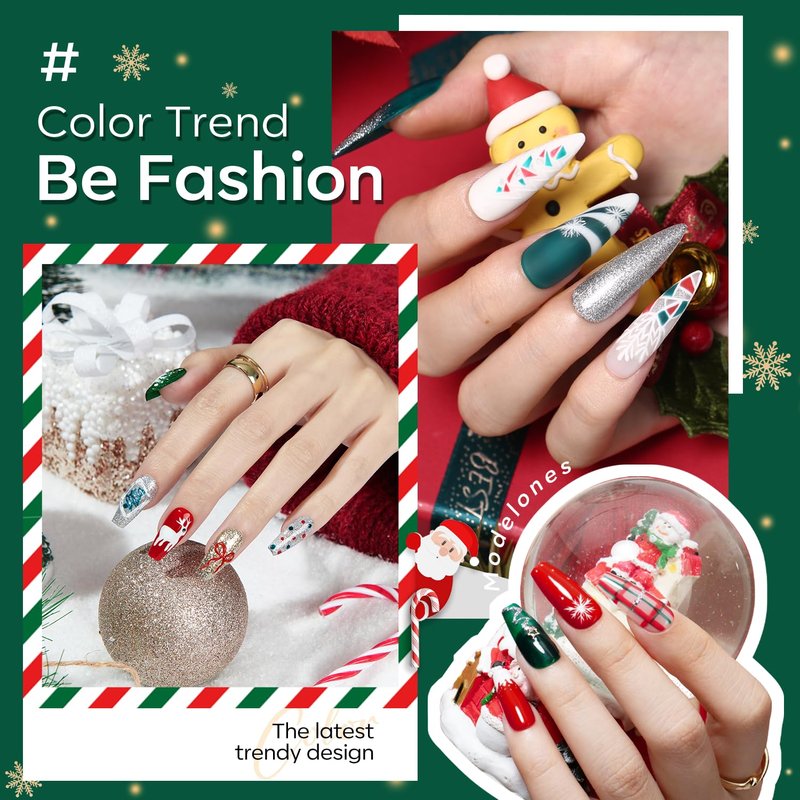 Christmas Gel Nail Polish Set - 6 Colors Winter Red Glitter, Dark Green, White, Gold & Silver | Perfect Gift for Women & Girls