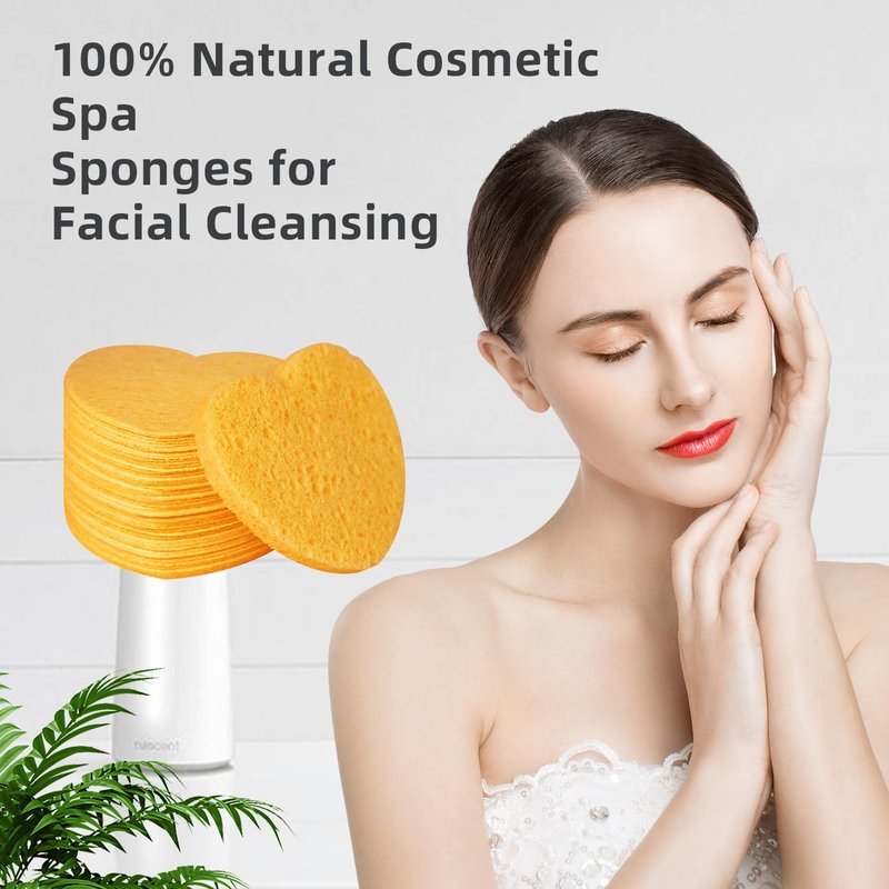 20 Count Heart Shape Compressed Facial Sponges with Case for Travel, 100% Natural Cellulose Facial Cleansing Sponges Pads Exfoliating Sponges for Cleansing, Pore Exfoliating,Makeup Removal (Yellow)