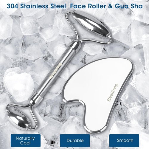 Face Roller & Gua Sha, Stainless Steel Facial Roller and Gua Sha Tool for Face, Skin Care, Anti-Aging, and Lifting