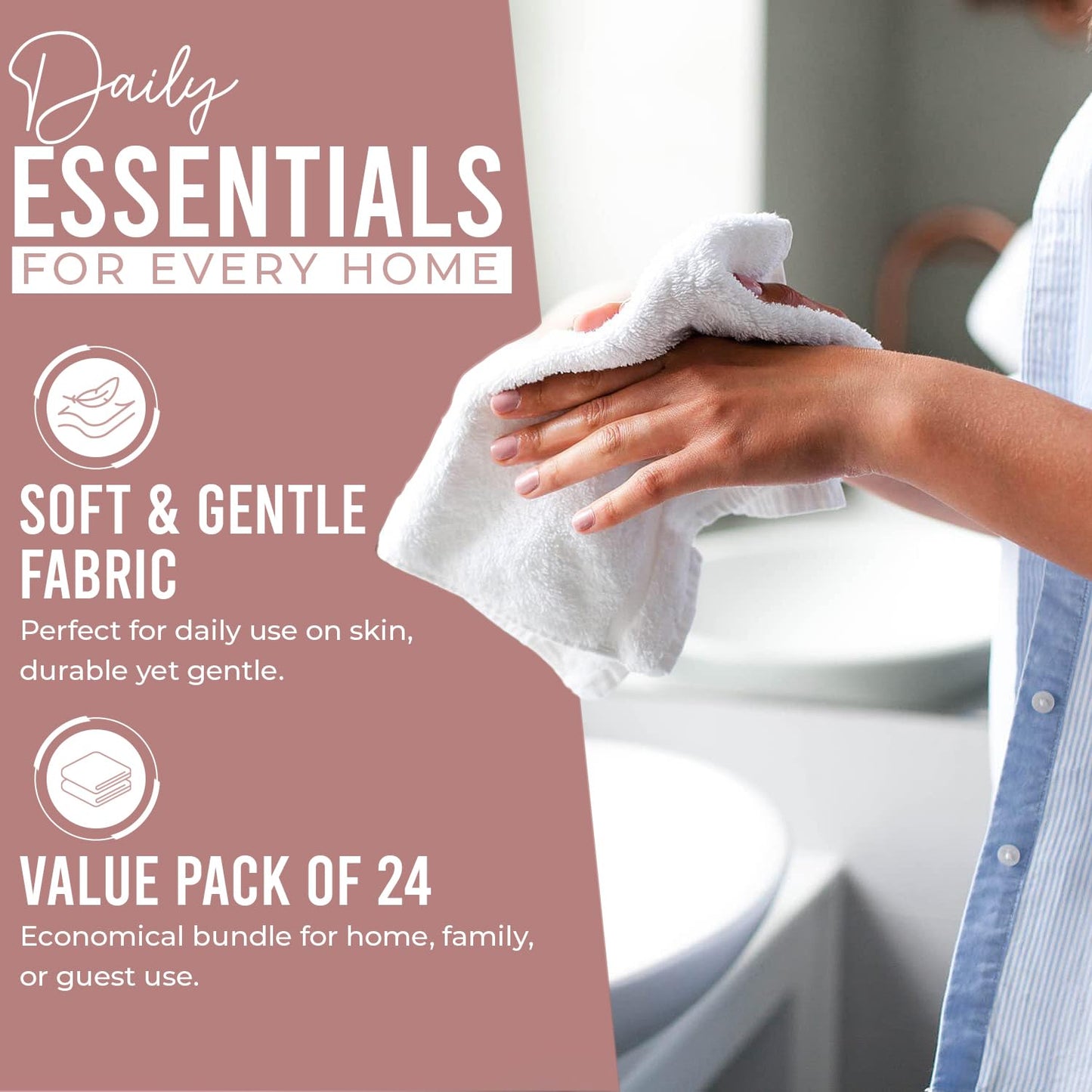 DAN RIVER 24 Pack Wash Cloths for Showering [12x12] - 100% Cotton Washcloths Premium Quality Flannel Face Cloths for Bathroom, Highly Absorbent and Soft Feel Wash Clothes, Dusty Pink
