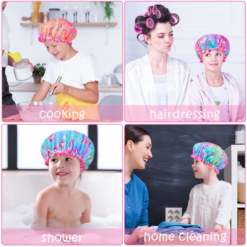 Olypegic Kids Shower Cap, 3 Pcs Girls Shower Cap for Kids Reusable Waterproof Adjustable Large Hair Cap Unicorn Mermaid Rainbow Cute Hair Cover Hat