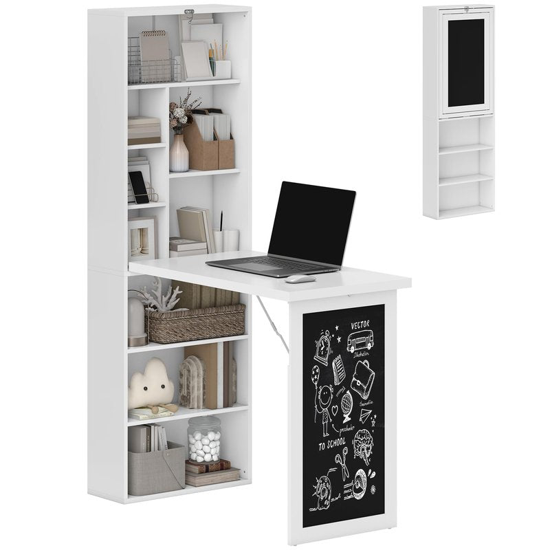 HOMCOM Foldable Convertible Writing Table, Wall Mounted Space-Saving Computer Desk with Chalkboard and Storage Shelves for Small Spaces, Home Office, Bedroom, Dorm, Apartment, White