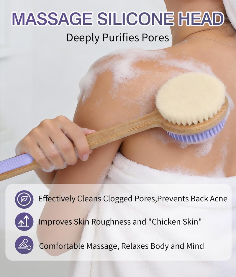 EaTubano Back Scrubber for Shower - Double-Sided Silicone and Super-Dense Bristles for Deep Cleaning & Exfoliation, Bamboo Long Handle with Wider Anti-Slip Grip, Rich Foam, Durable (Purple)