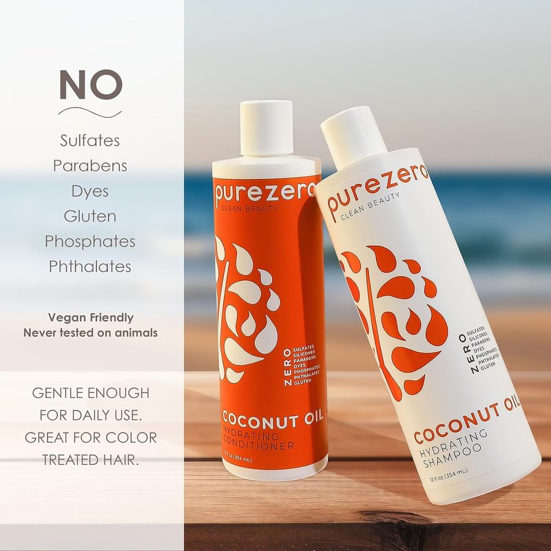Coconut Oil Hydrating Shampoo & Conditioner Set | Vegan, Silicone-Free, Sulfate-Free | 2 × 12 oz for Dry or Color-Treated Hair