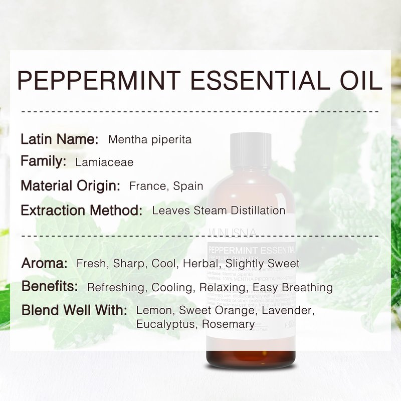 MUNUSNA Peppermint Essential Oil, 100% Pure & Natural Peppermint Oil 100ML, Premium Grade Aromatherapy Oil for Skin Body Hair Care, Freshening Air, Mood, Diffuser, Massage, Soap and Candle Making