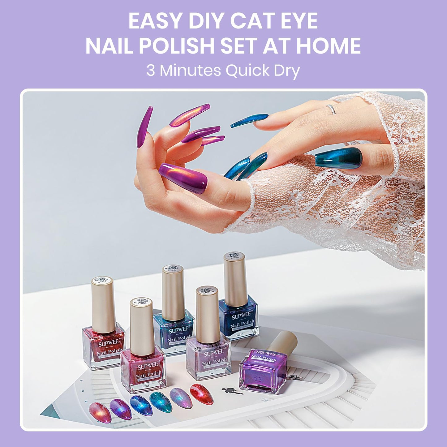 SUPWEE Cat Eye Nail Polish Set, Quick Dry Magnetic Nail Polish Non Gel with Magnet, Multi-Color Holographic Glitter Cateye Nail Lacquer High Glossy DIY Salon Gift for Women Girl
