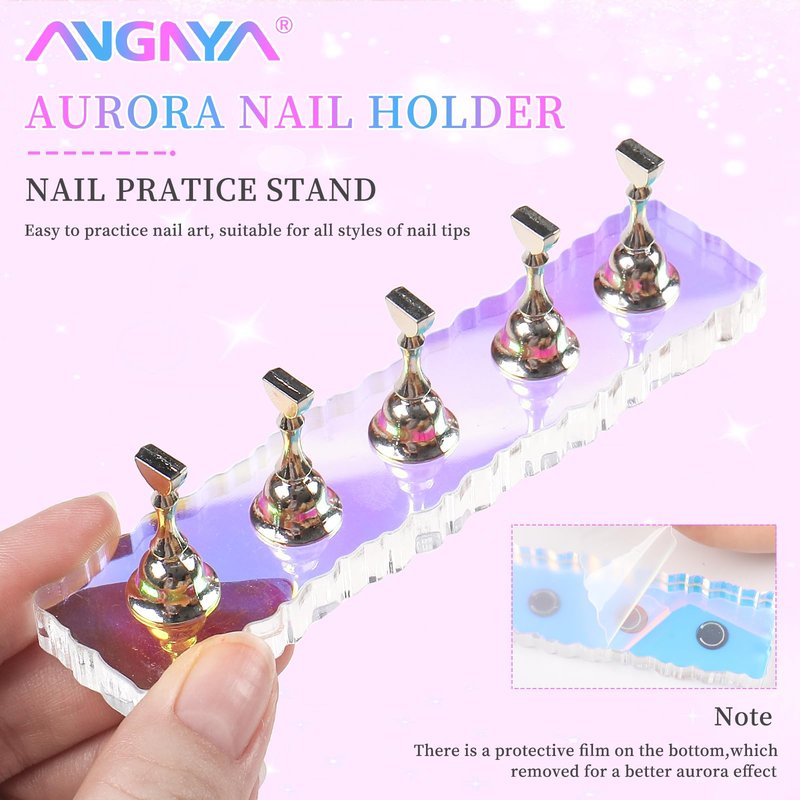 ANGNYA 2 Set Nail Stand, Aurora Nail Holder for Painting Nail Stand for Press on with 96 Pcs Removable Mounting Tapes Nail Display Stand Nail Hand Practice Magnetic Nail Art Tools for Homes and Salons