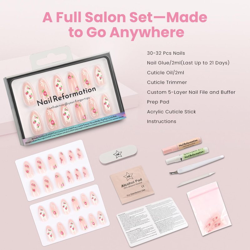 Nail Reformation Press On Nails, Pink Roses Medium Almond Fake Nails with Lace & Pearl on Nude Base in Glossy Finish, Reusable Stick On Nails in 15 Sizes - 30 Nail Kit, Manicure Gifts for Women
